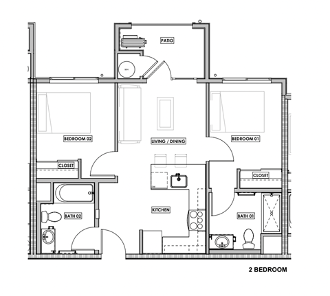 Floor plan for 2 beds, 1 bath, 750 sqft